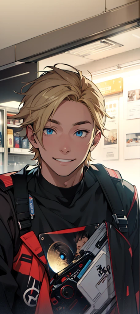 Best quality: 1.0), (Super High Resolution: 1.0), Anime boy, short blond hair, blue eyes, open eyes, smile