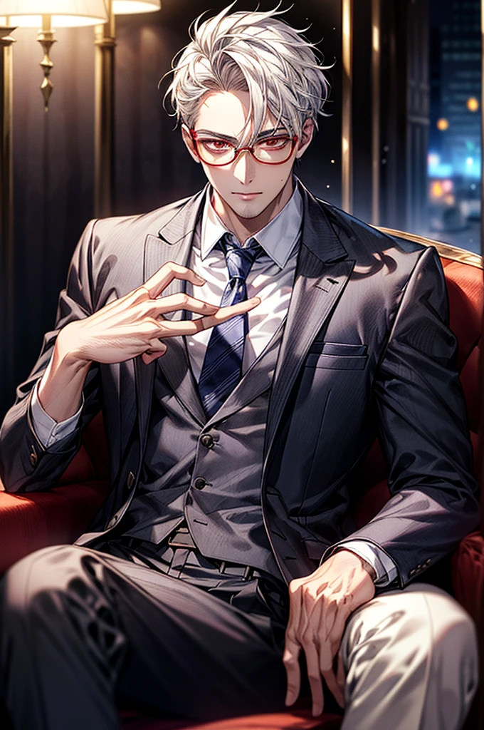 Depiction in motion、T hotel masterpiece,best qualtiy,1 male,As-,With short white hair,The shirt, seminude、anime handsome guy,Wearing a strict business suit, Dark suit, Handsome anime pose in suit and tie, Handsome stunning realistic,Red eyes、ハンサムなAdults、Dressed in a suit、A detailed face、Classic、Arrogant man、Adults、top grade、Center division、Forehead、A sexy、Sit on a luxury sofa、eye glasses、(best qualtiy,8K,tmasterpiece),best light,Best Shadow,电影灯光,reflection skin,Face Focus、Strong body