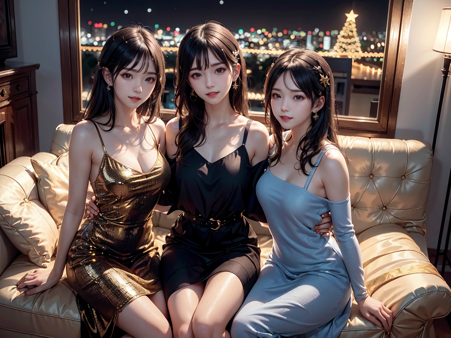 (masterpiece:1.3), top-quality, top-quality, Beautifully Aesthetic:1.2, ((Three girls)), christmas night, (Left girl is wearing a Red and Silver colors uniform), (Middle girl is wearing a Black and Gold colors uniform), (Right girl is wearing a White and Blue colors uniform), (Left girl (black Hair, wavy hair, short hair)), (Middle girl (brown Hair, Straight hair, long hair)), (Right girl is (gray Hair, wavy hair, medium long hair)), (Three girls are Perfect body (large breasts, firm breast, nicely shaped breasts, slender figure)), (Sitting on the Luxury sofa side by side in a neat line with casual pose:1.3), ((At the middle of christmas party venue decorated for christmas at late night:1.2)), (Upper body shot:1.1), (From front:1.3), (Looking at viewer), ((perfect hands, perfect fingers))