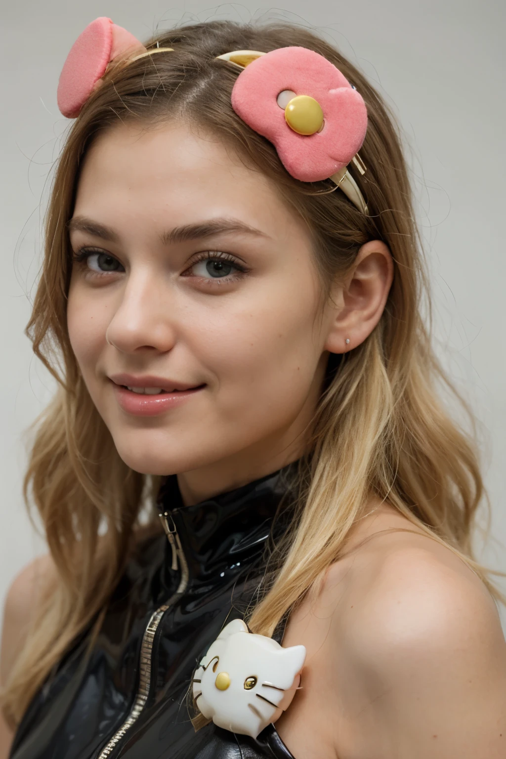 ((best quality)), ((masterpiece)), (detailed), perfect face, girl smiling, ((blonde hair)), black latex, ((Hello Kitty hair accessory))