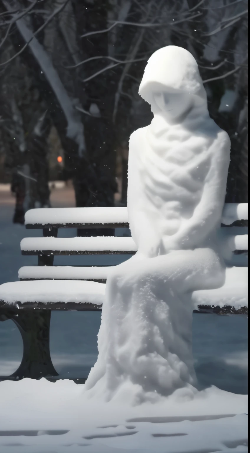 arafed statue of a woman sitting on a bench in the snow, frozen like a statue, Covered in salt, There is snow on the body, Covered in , Covered in snow, sitting on a bench, sitting on a bench, Frozen statue, women by , Sitting on a park bench, Cold snow outside, Covered in white flour