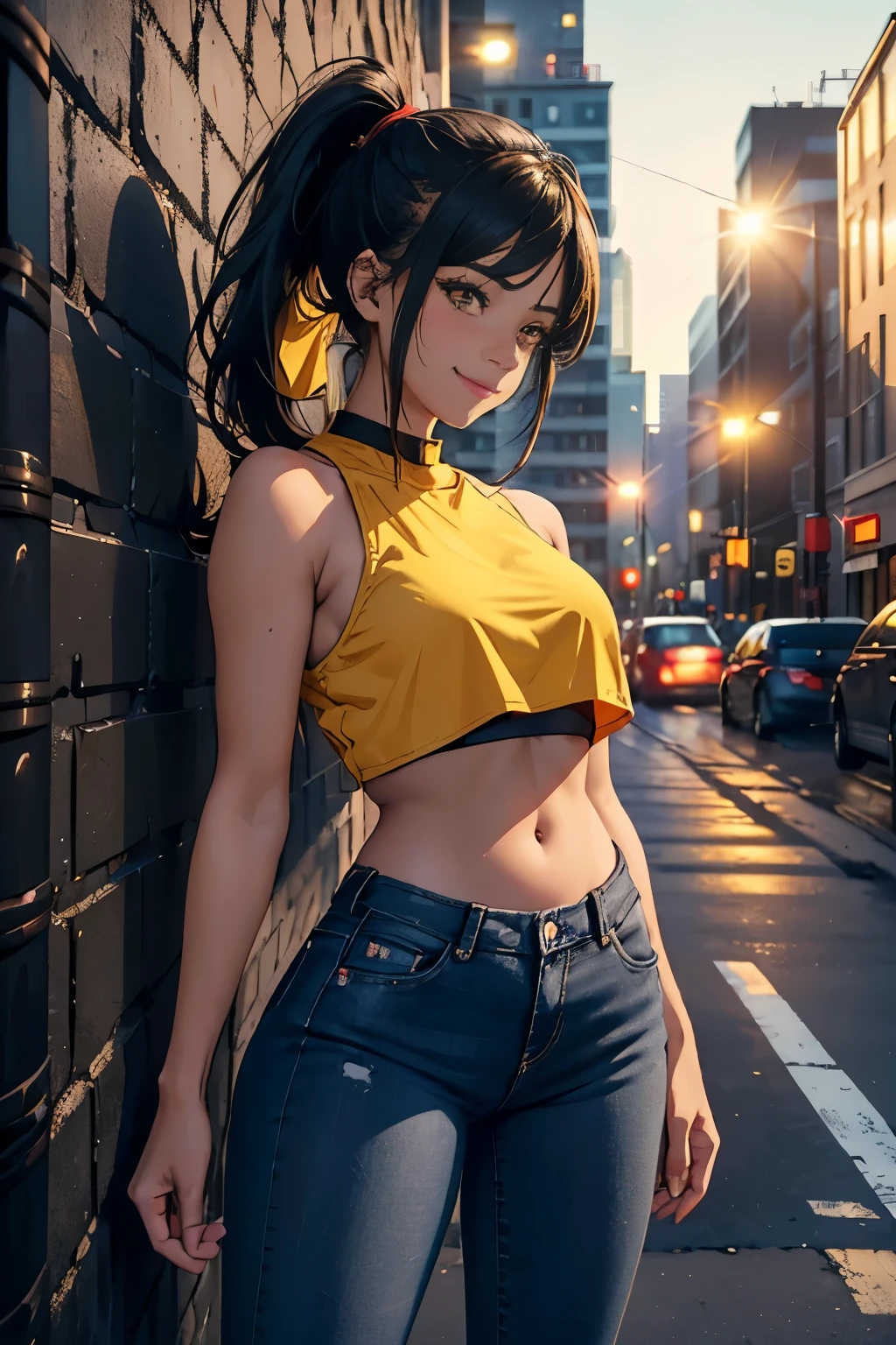 1girl, naughty smile, (wearing black crop top), medium breasts, tanned skin, (yellow eyelack hair in a messy ponytail, standing against a wall, wearing red sneakerlue jeans), city, evening lights, sunshine, masterpiece, high quality, photograph, 4k, uhd, ambient lighting