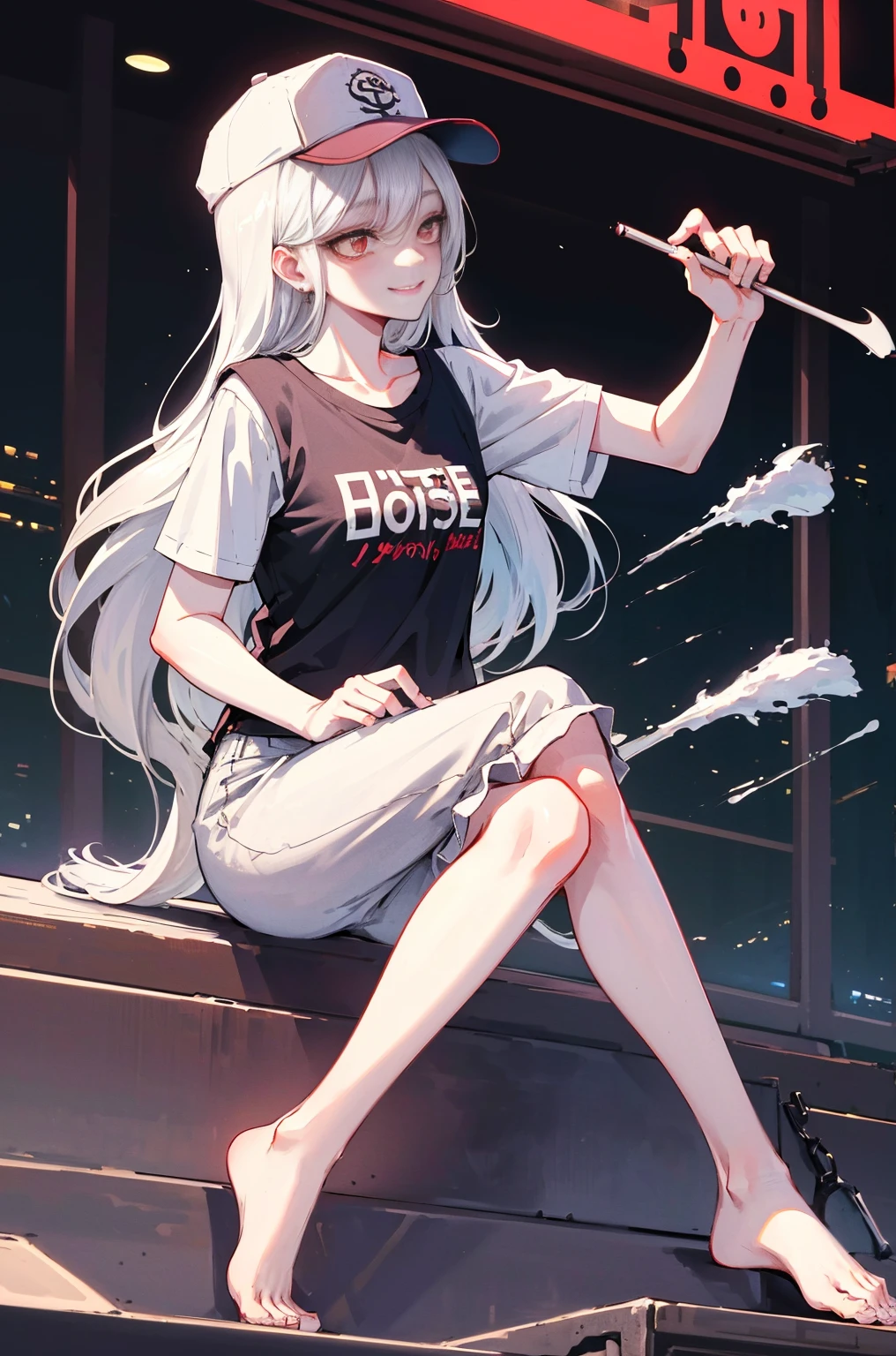 Hyper-Resolution,
(realisticlying:1.3),
(1 Slim girl), Fashionab女孩, Fashionab,
Young face, Red eye makeup,Be red in the face, (lusty smile),
(Slim) upper legs,
baseball cap, T-shirt with missing earrings), (Loose cargo pants),
Intaglio printing,
On stage,fully body photo,The barefoot,emo girl, kawaii, silber hair, Angelic, angel ring, lock,, The white花, The white, pure white, silvery white