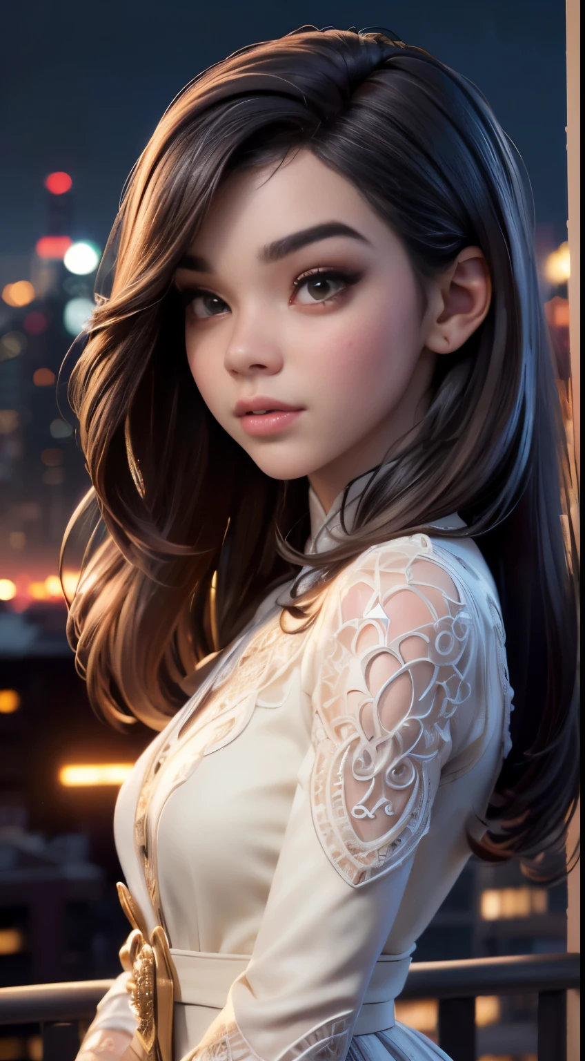 photo of Hailee Steinfeld, RAW, beautiful woman, ((portrait)), ((detailed face:1.2)), ((detailed facial feature, detailed skin, clear skin), (perfect proportioned body), (wearing a colorful dress) (high detailed city environment, apartment balcony), (realistic photo, best quality, detailed), (8k wallpaper), (cinematic lighting, dramatic lighting) (sharp focus, intricate)