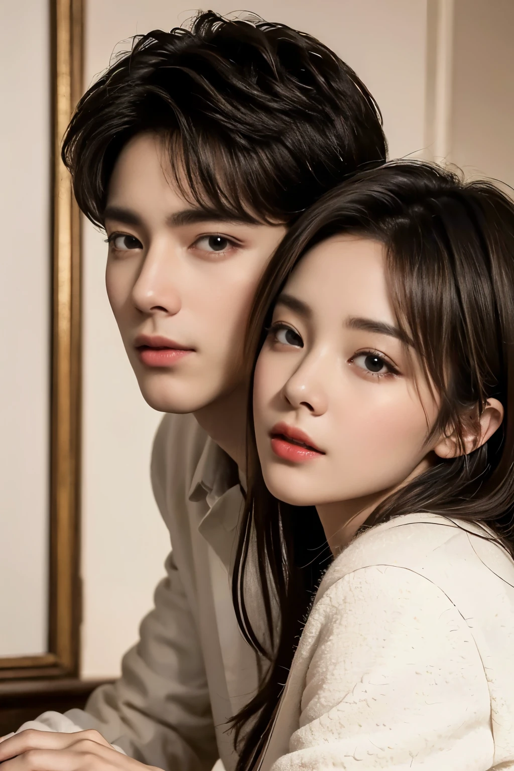 (best quality,4k,8k,highres,masterpiece:1.2),ultra-detailed,(realistic,photorealistic,photo-realistic:1.37),beautiful Asian couple, And Handsome Man Asian, eyes detailed, eyes korean, detailed features,romantic setting,soft lighting,vibrant colors,portrait painting,bokeh