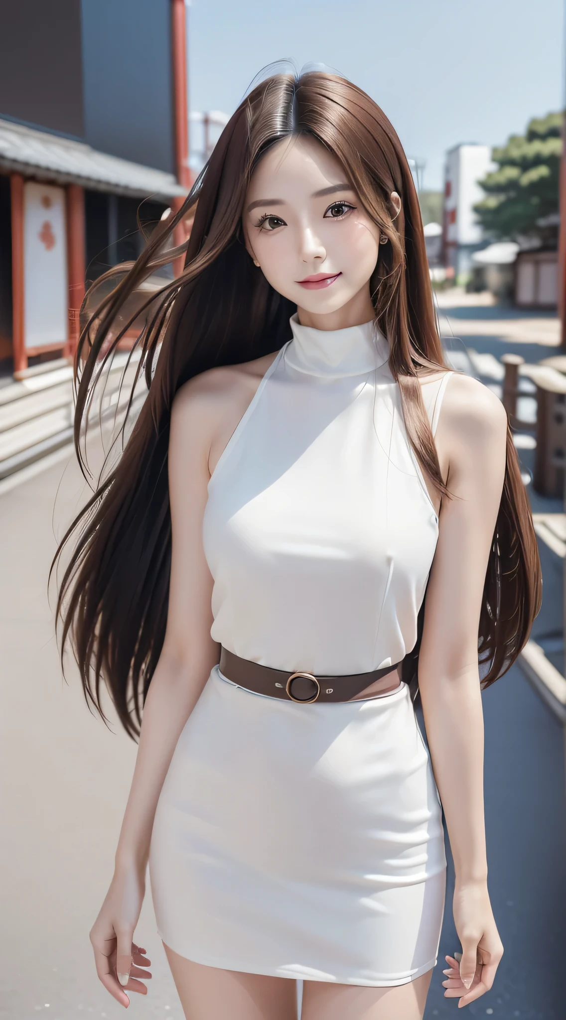 (Refreshing smile:1.5),(Look at viewers:1.1）,（hide one's hands:2.0）,(Beautiful Japan Woman）,（straight haired, Long hair, strong wind in the hair:1.5), （ High neck sleeveless , tight skirts:1.5), （high-heels;1.3), detailed  clothes, (Perfect female body), (Narrow waist:1.5), (Bust Up Portrait:1.3),   Dynamic Pose, Cinematic Light, 135 mm, Fuji Film,