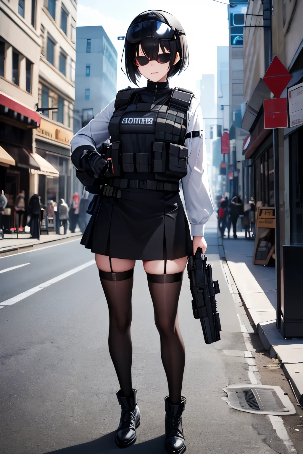 Best quality, expressive eyes, perfect face, woman, with black short hair, Wear a black tactical helmet, Fast googles above she head,  sunglasses, white long-sleeved shirt, black skirt, wearing stockings, wearing a black bullet vest, full body, angry,