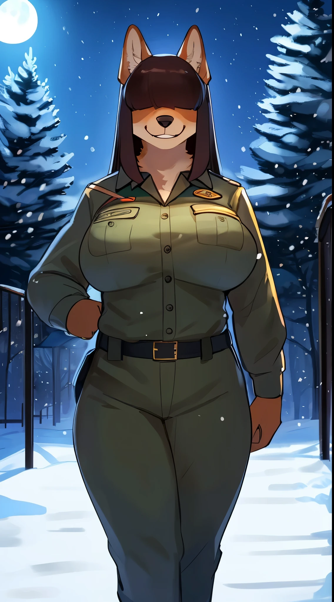 By bebebebebe, by lostgoose, by goonie-san, female, ((canine, snout, hair covering eyes, straight hair, medium hair, flat hair, ears, thin snout)), brown fur, big poofy tail, raised tail, dark maroon hair, (muscular, big breasts), solo, smiling, happy, standing, (park ranger uniform), forest, ((grabbing viewer)), snow, snowing, night time, moon