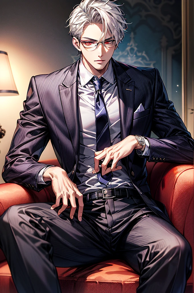 Depiction in motion、T hotel masterpiece，best qualtiy，1 male，As-，With short white hair，The shirt, seminude、anime handsome guy,Wearing a strict business suit, Dark suit, Handsome anime pose in suit and tie, Handsome stunning realistic,Red eyes、Dressed in a suit、A detailed face、Classic、Arrogant man、Adults、top grade、Center division、Forehead、A sexy、Sit on a luxury sofa、eye glasses、Face Focus、Strong body