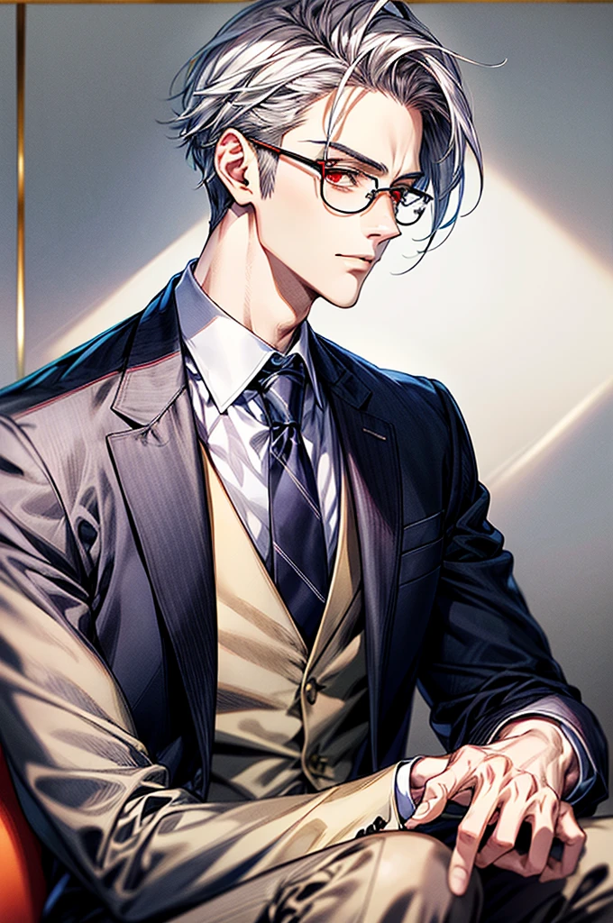Depiction in motion、T hotel masterpiece,best qualtiy,1 male,As-,With short white hair,The shirt, seminude、anime handsome guy,Wearing a strict business suit, Dark suit, Handsome anime pose in suit and tie, Handsome stunning realistic,Red eyes、Dressed in a suit、A detailed face、Classic、Arrogant man、Adults、top grade、Center division、Forehead、A sexy、Sit on a luxury sofa、eye glasses、Face Focus、Strong body