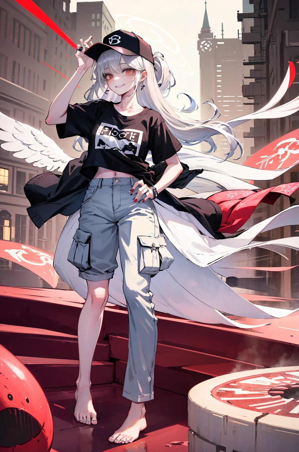 Hyper-Resolution,
(realisticlying:1.3),
(1 Slim girl), Fashionab女孩, Fashionab,
Young face, Red eye makeup,Be red in the face, (lusty smile),
(Slim) upper legs,
baseball cap, T-shirt with missing earrings), (Loose cargo pants),
Intaglio printing,
On stage,fully body photo,The barefoot,emo girl, kawaii, silber hair, Angelic, angel ring, lock,, The white花, The white, pure white, silvery white