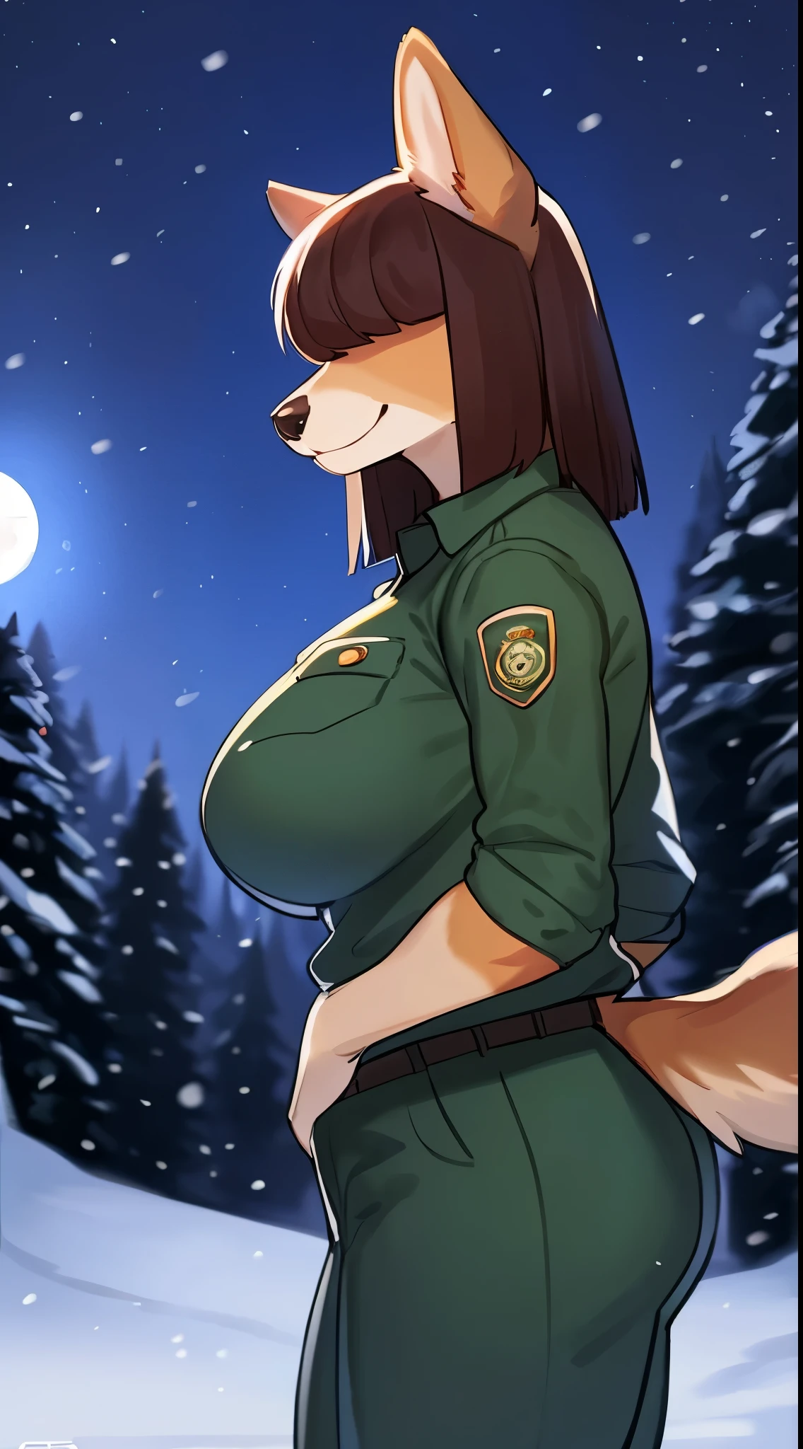 By bebebebebe, by lostgoose, by goonie-san, female, ((canine, snout, hair covering eyes, straight hair, medium hair, flat hair, ears, thin snout)), brown fur, big poofy tail, raised tail, dark maroon hair, (muscular, big breasts), solo, smiling, happy, standing, (park ranger uniform), forest, ((grabbing viewer)), snow, snowing, night time, moon