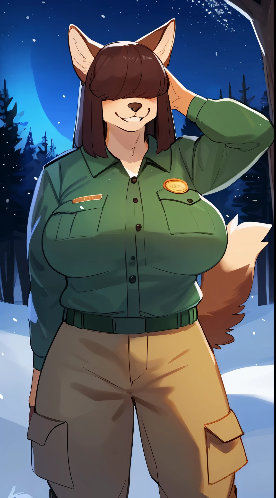 By bebebebebe, by lostgoose, by goonie-san, female, ((canine, snout, hair covering eyes, straight hair, medium hair, flat hair, ears, thin snout)), brown fur, big poofy tail, raised tail, dark maroon hair, (muscular, big breasts), solo, smiling, happy, standing, (park ranger uniform, green jacket, tan cargo pants), forest, ((grabbing viewer)), snow, snowing, night time, moon