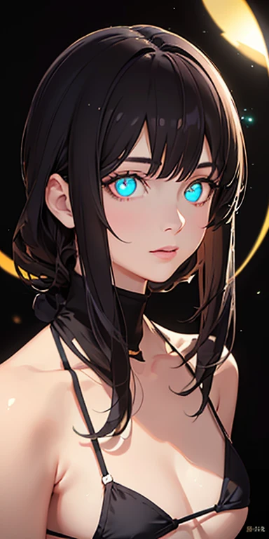 , small bre short black hair,messy hair, (photorealistic:1.4), (masterpiece, sidelights, exquisite beautiful eyes: 1.5), masterpieceportrait, realistic, 3D face,kawaii face,from above: 1.5、 (glowing eyes:1.5),(tareme:1.5)、Rosy Mouth,Slim Body, shiny hair, shiny skin: 1.5、large breasts:1.3,solo,()、(Black bikini)、(charactor focus:1.5、portrait:1.5)、upper body,in beach