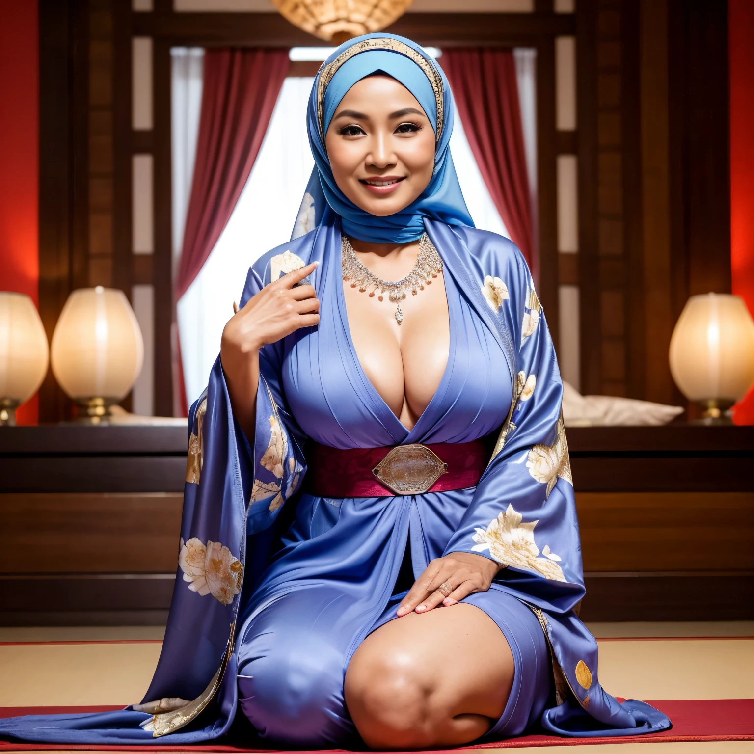 1Woman, 50-Years Old, beautiful Indonesian mature woman, wearing hijab, wearing luxurious diamond necklace, wearing kimono, Tight Kimono, , Gigantic breast, Beautiful leg, at wedding ceremony, happy expression, showing her Huge breast, looking at viewer, full body