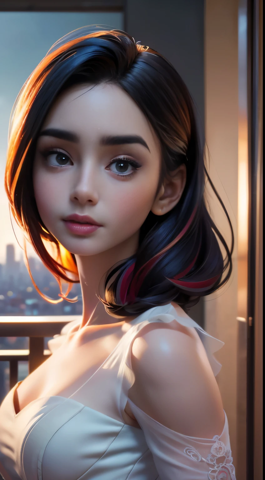 photo of Lily Collins, RAW, beautiful woman, ((portrait)), ((detailed face:1.2)), ((detailed facial feature, detailed skin, clear skin), (perfect proportioned body), (wearing a colorful dress) (high detailed city environment, apartment balcony), (realistic photo, best quality, detailed), (8k wallpaper), (cinematic lighting, dramatic lighting) (sharp focus, intricate)