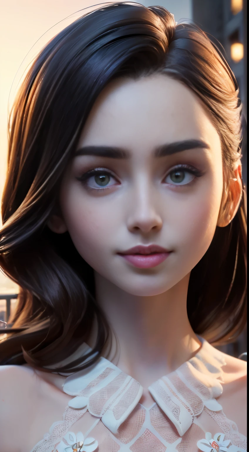 photo of Lily Collins, RAW, beautiful woman, ((portrait)), ((detailed face:1.2)), ((detailed facial feature, detailed skin, clear skin), (perfect proportioned body), (wearing a colorful dress) (high detailed city environment, apartment balcony), (realistic photo, best quality, detailed), (8k wallpaper), (cinematic lighting, dramatic lighting) (sharp focus, intricate)