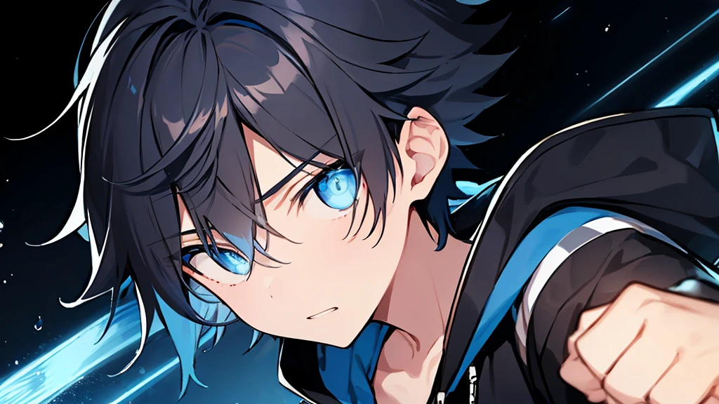 Black background、Particles of light、chromatic abberation、(One Boy:1.3)、A dark-haired、(Blue Jacket Hood)、(blue eyess:1.6)、Works with a vivid texture、(hair messy:1.2)、short-hair、、punch、hit、Stick out your fist、敵にpunchする