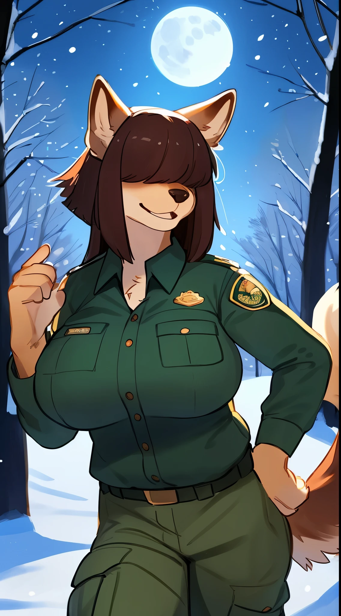 By bebebebebe, by lostgoose, by goonie-san, female, ((canine, snout, hair covering eyes, straight hair, medium hair, flat hair, ears, thin snout)), brown fur, big poofy tail, raised tail, dark maroon hair, (muscular, big breasts), solo, smiling, happy, (park ranger uniform, green jacket, tan cargo pants), forest, ((running)), snow, snowing, night time, moon