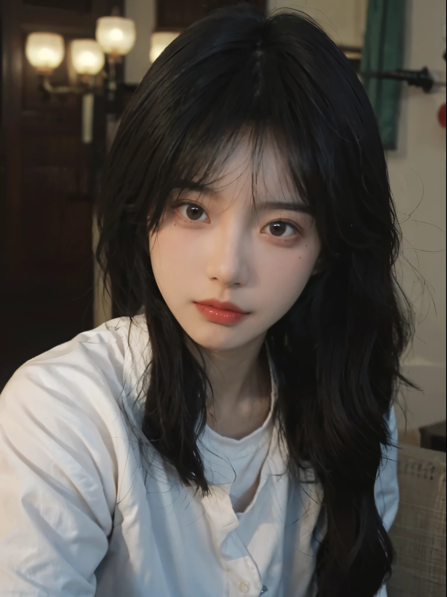 best qualtiy, 超高分辨率, (realisticlying:1.4),Fide (arafed) longblackhair、Asian woman in white shirt, soft portrait shot 8 k, she has black hair With bangs, jinyoung shin, IU, 8k artistic german bokeh, soft portrait, Nam Jae-yeon, innocent look, ulzzangs, Starting from 8K matte, Bae Xiuzhi, With cute doting eyes, 🤤 girl portrait, With bangs