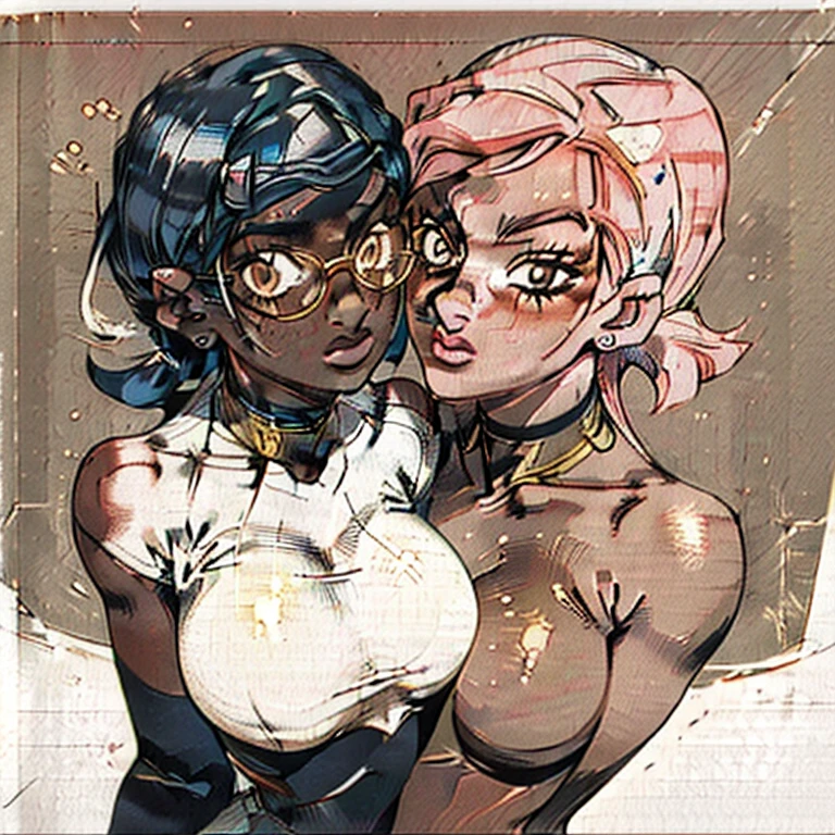 curly hair, dark skin, round glasses, female Egyptian clothes, golden ear piercings, golden necklace, jojo bizarre adventure style, with defined body