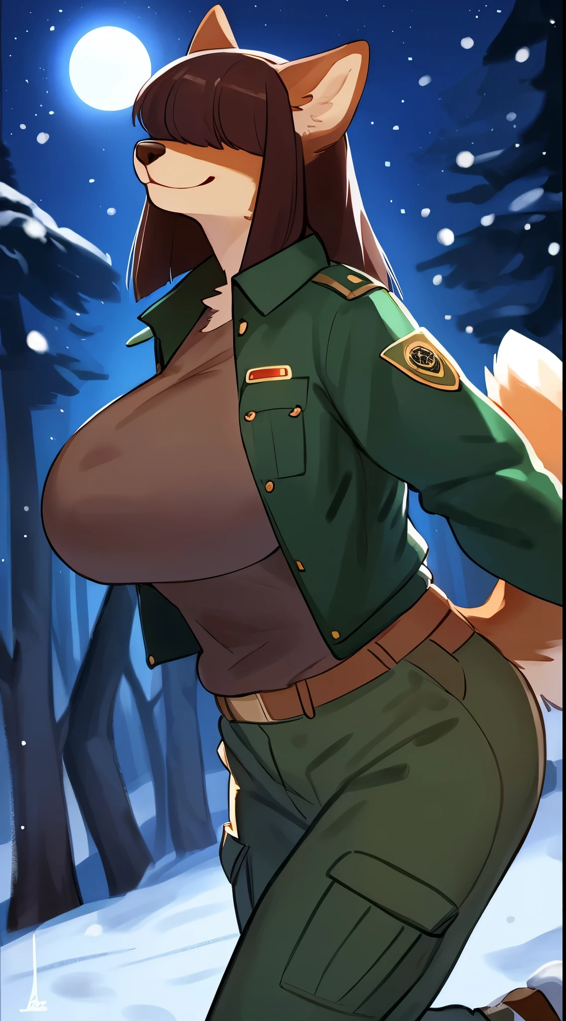 By bebebebebe, by lostgoose, by goonie-san, female, ((canine, snout, hair covering eyes, straight hair, medium hair, flat hair, ears, thin snout)), brown fur, big poofy tail, raised tail, dark maroon hair, (muscular, big breasts), solo, smiling, happy, (park ranger uniform, green jacket, tan cargo pants), forest, ((running)), snow, snowing, night time, moon