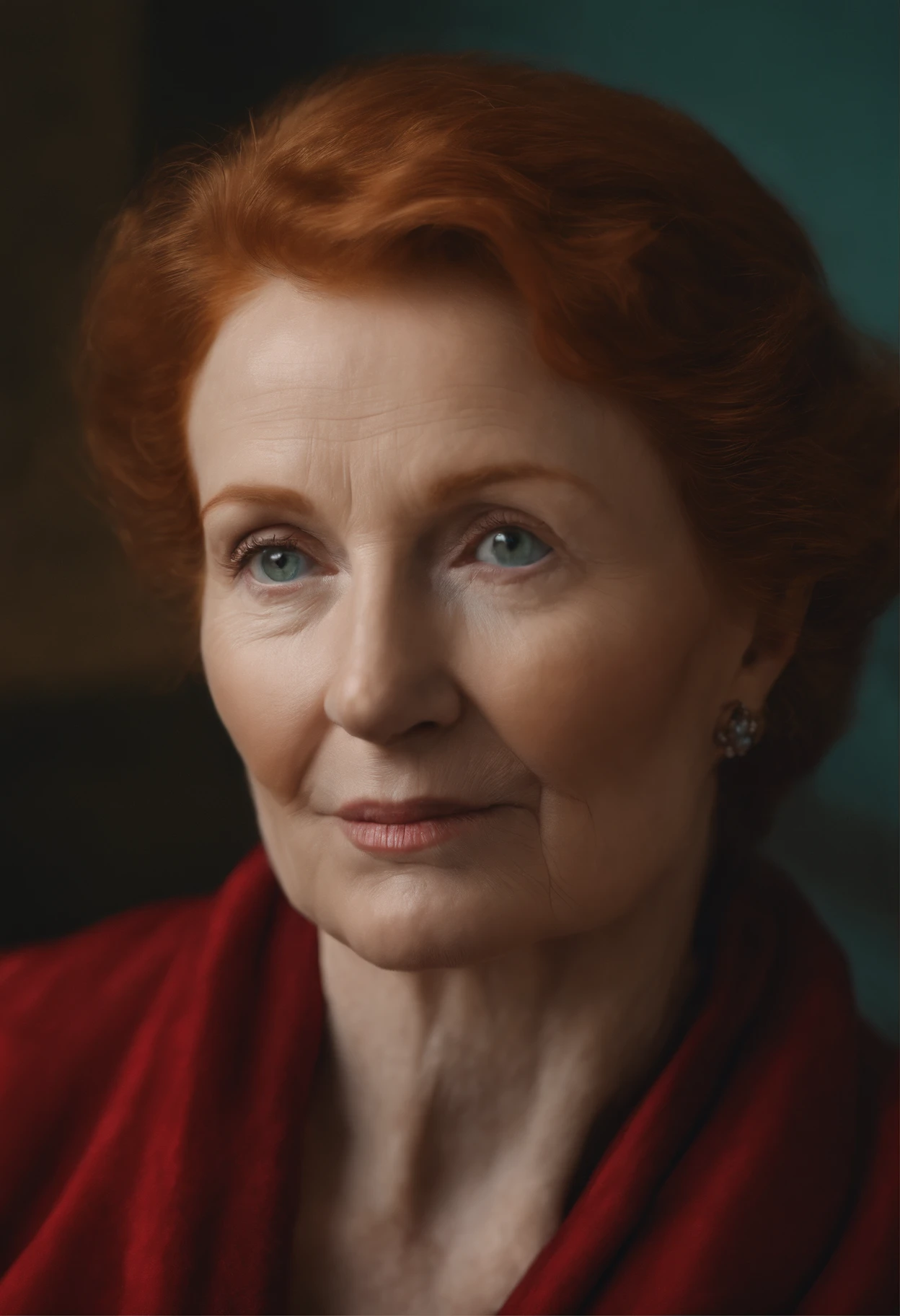 Photo of an elderly woman with red hair and a blue robe., gray-green eye color, shingle, strip box, hedgehog haircut, looking at the side, Portrait of a red-haired woman, extreme close up portrait, closeup Painted portrait, Oil Portrait, extreme close up portrait, Painted portrait, extreme close up portrait, Oil painting depicting a realistic woman, oil painting portrait, side profile Painted portrait, extreme close up portrait, Detailed portrait of a woman, detailed color portrait