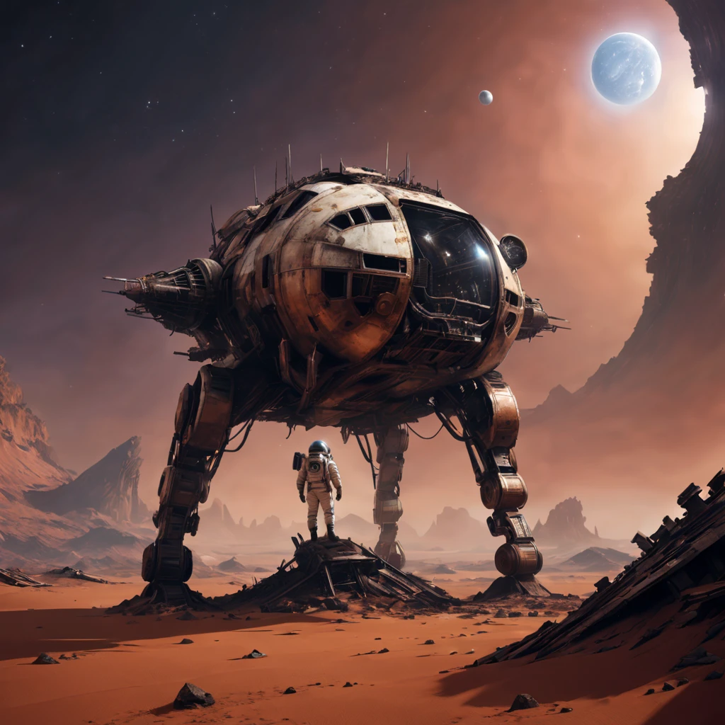 spacecraft wreckage，On Mars，desolated，废墟，mirai，cyberpunk atmosphere，Dystopian landscape，cold and metal，Spooky atmosphere，alien technology，Huge size，Aging and weathering，Crumbling structure，Damaged and twisted metal，scifi concept art，Sci-fi lighting，Infinite horizon，Atmospheric perspective，Isolated and abandoned、（Astronaut explorer）、Strange symbols、Mysterious energy、（in a panoramic view）、dusty red sand、Surreal atmosphere，ancient mysteries、（Distant starry sky）、unforgettably beautiful、dreamlike imagery、epic scale、
