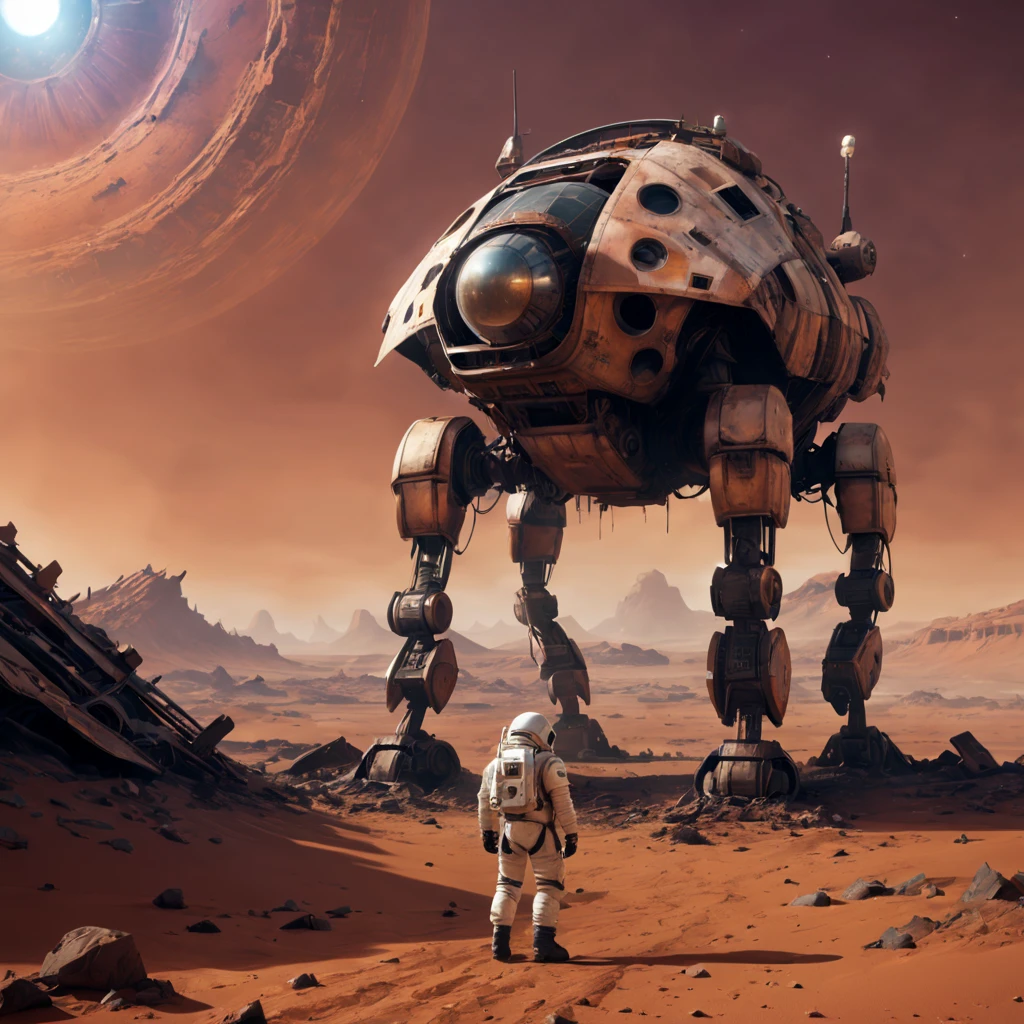 spacecraft wreckage,On Mars,desolated,废墟,mirai,cyberpunk atmosphere,Dystopian landscape,cold and metal,Spooky atmosphere,alien technology,Huge size,Aging and weathering,Crumbling structure,Damaged and twisted metal,scifi concept art,Sci-fi lighting,Infinite horizon,Atmospheric perspective,Isolated and abandoned、(Astronaut explorer)、Strange symbols、Mysterious energy、(in a panoramic view)、dusty red sand、Surreal atmosphere,ancient mysteries、(Distant starry sky)、unforgettably beautiful、dreamlike imagery、epic scale、