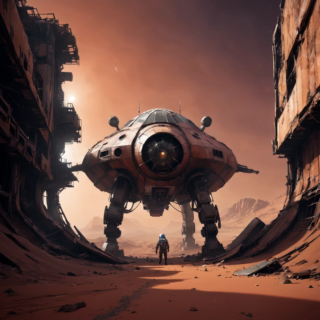 spacecraft wreckage,On Mars,desolated,废墟,mirai,cyberpunk atmosphere,Dystopian landscape,cold and metal,Spooky atmosphere,alien technology,Huge size,Aging and weathering,Crumbling structure,Damaged and twisted metal,scifi concept art,Sci-fi lighting,Infinite horizon,Atmospheric perspective,Isolated and abandoned、(Astronaut explorer)、Strange symbols、Mysterious energy、(in a panoramic view)、dusty red sand、Surreal atmosphere,ancient mysteries、(Distant starry sky)、unforgettably beautiful、dreamlike imagery、epic scale、