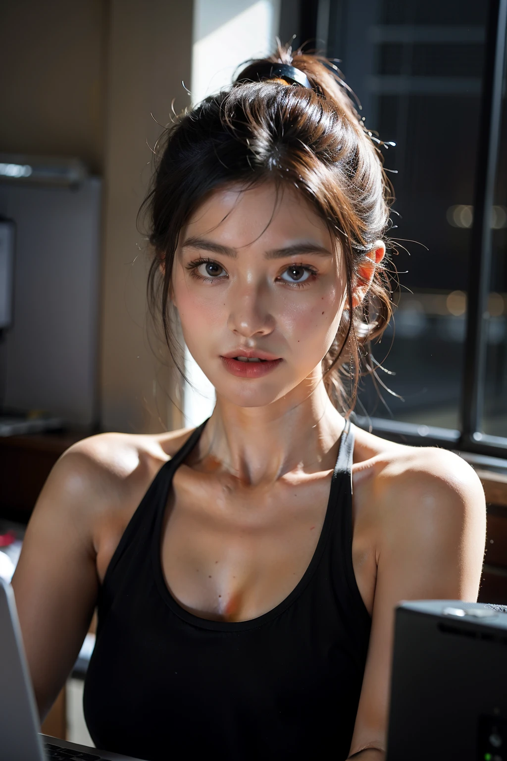 30 years old Hong Kong beautiful woman in gym, cotton sportwear, Camel toe, wet skin, hyper realistic, realistic skin tone, realistic skin texture, symmetric face, asian pale skin tone, super wide angle photo, closeup selfie from down below, very low contrast photo, black long hair, ((night)), 34D cup chest