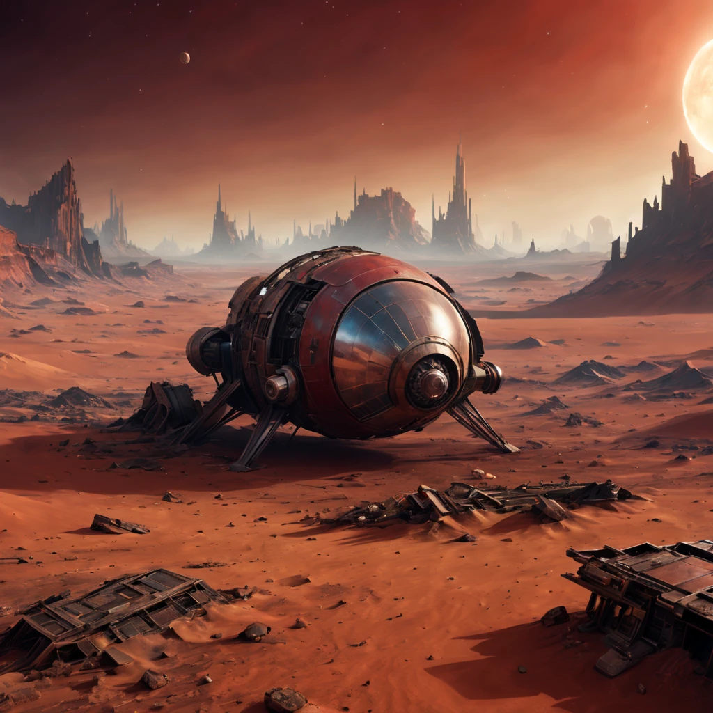 Spacecraft wreckage on Mars, desolate, ruins, futurism, cyberpunk atmosphere, dystopian landscape, cold and metal, eerie atmosphere, extraterrestrial technology, massive size, aging and weathering, shaky structures, (science-fiction concept art),(detailed illustrationest quality,4k,highres,masterpiece:1.2),red planet landscaperight vibrant colors:1.1),(sci-fi lighting),(HDR),damaged and distorted metals, science fiction conceptual art, science fiction lighting, infinite horizon, atmospheric perspective, isolated and abandoned, (astronaut explorer), strange symbols Mysterious energy, panoramic view, dusty red sand, surreal atmosphere, ancient mysteries, distant starry sky, unforgettable beauty, dreamlike images, epic scale
