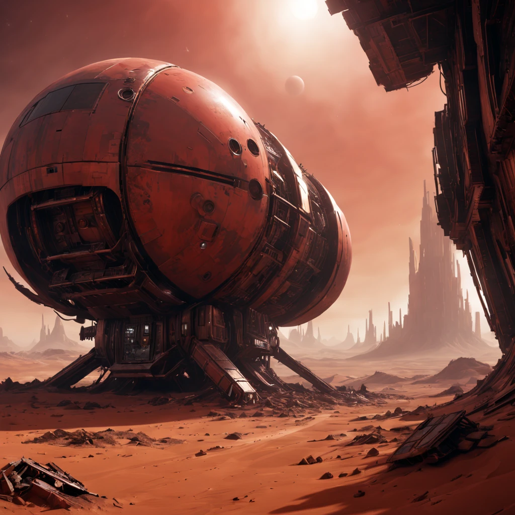 Spacecraft wreckage on Mars, desolate, ruins, futurism, cyberpunk atmosphere, dystopian landscape, cold and metal, eerie atmosphere, extraterrestrial technology, massive size, aging and weathering, shaky structures, (science-fiction concept art),(detailed illustrationest quality,4k,highres,masterpiece:1.2),red planet landscaperight vibrant colors:1.1),(sci-fi lighting),(HDR),damaged and distorted metals, science fiction conceptual art, science fiction lighting, infinite horizon, atmospheric perspective, isolated and abandoned, (astronaut explorer), strange symbols Mysterious energy, panoramic view, dusty red sand, surreal atmosphere, ancient mysteries, distant starry sky, unforgettable beauty, dreamlike images, epic scale