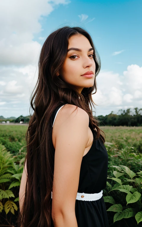 1 woman, wavy long hair, dark brown eyes, nature, plants, sky