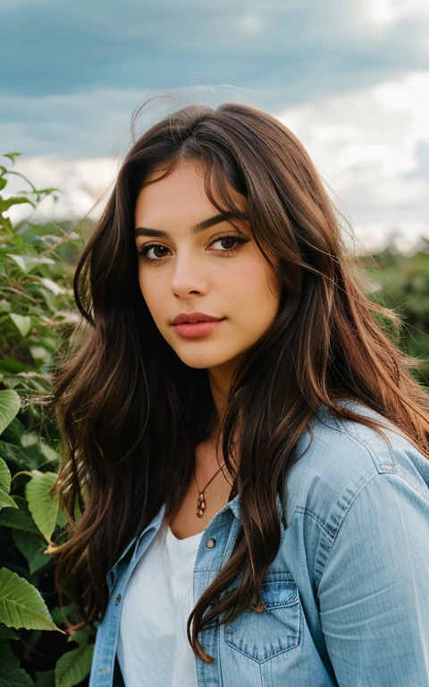 1 woman, wavy long hair, dark brown eyes, nature, plants, sky