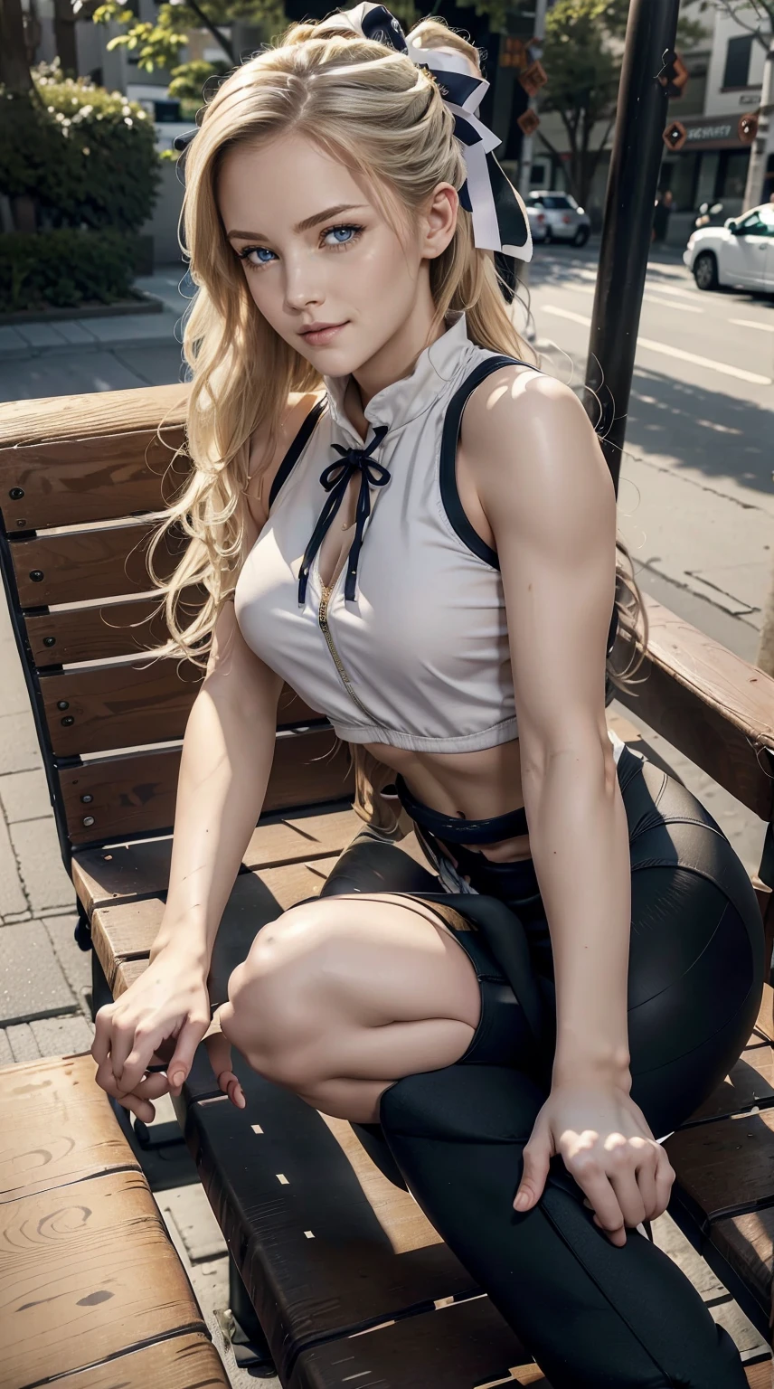 26 year old white woman、Hair is blonde、Eye color is blue、Longhaire、Slender but well-proportioned muscular body、Wearing a high neck zipper up top、I&#39;m wearing low-rise leggings、a smile、I&#39;m sitting on a bench with my knees together、hair tied up with a ribbon