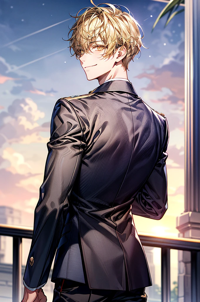 1 male,Face Focus,Young men,short yellow hair,Yellow eyes、Looking at your phone,A smile,gray blazer uniform,tiese,trouser,Heavenly sky background,beautiful eye quality,facial detailing,a park,Strong sunlight,Back lighting,Detailed background bokeh,(tmasterpiece,best qualtiy),