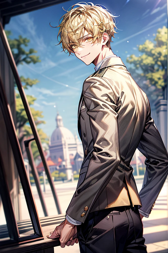 1 male，Face Focus，Young men，short yellow hair，Yellow eyes、Looking at your phone，A smile，gray blazer uniform，tiese，trouser，Heavenly sky background，beautiful eye quality，facial detailing，a park，Strong sunlight，Back lighting，Detailed background bokeh，（tmasterpiece，best qualtiy），