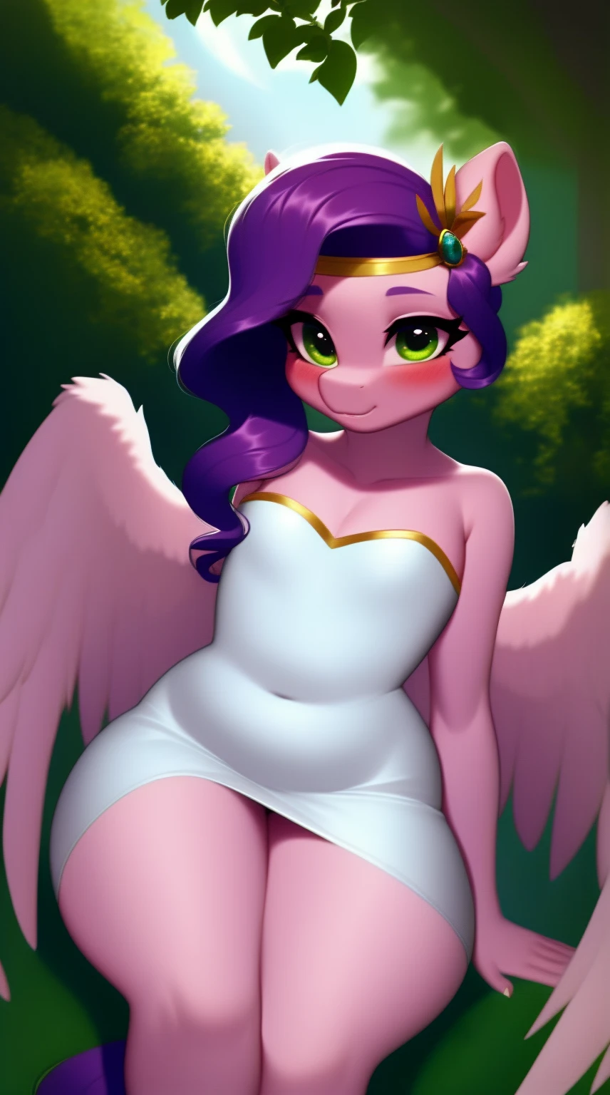 (score_9), (source_pony), (solo), (pegasus), ((anthro pipp petals :1.1)), (strapless white dress), pantie lines, sexy, blushing, seductive look, long hair, anatomically correct, night garden, very flat chest, half body, anime art style, solo, light purple fur, green eyes, hourglass figure, curvy, plump body, young, short, chubby, cute, high res, thick thighs, facing straight at viewer, thick thighs