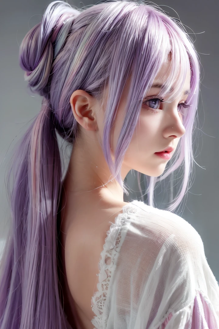 Agatha, has hair like lumine colored light purple and dark purple.. her hair is tied in a bun at the back.. her clothes are like lumine only white and pink... has decorations White and pink lavender flowers on her head like lumine. Agatha has cream colored skin and pink cloudy eyes on the left and purple on the right...