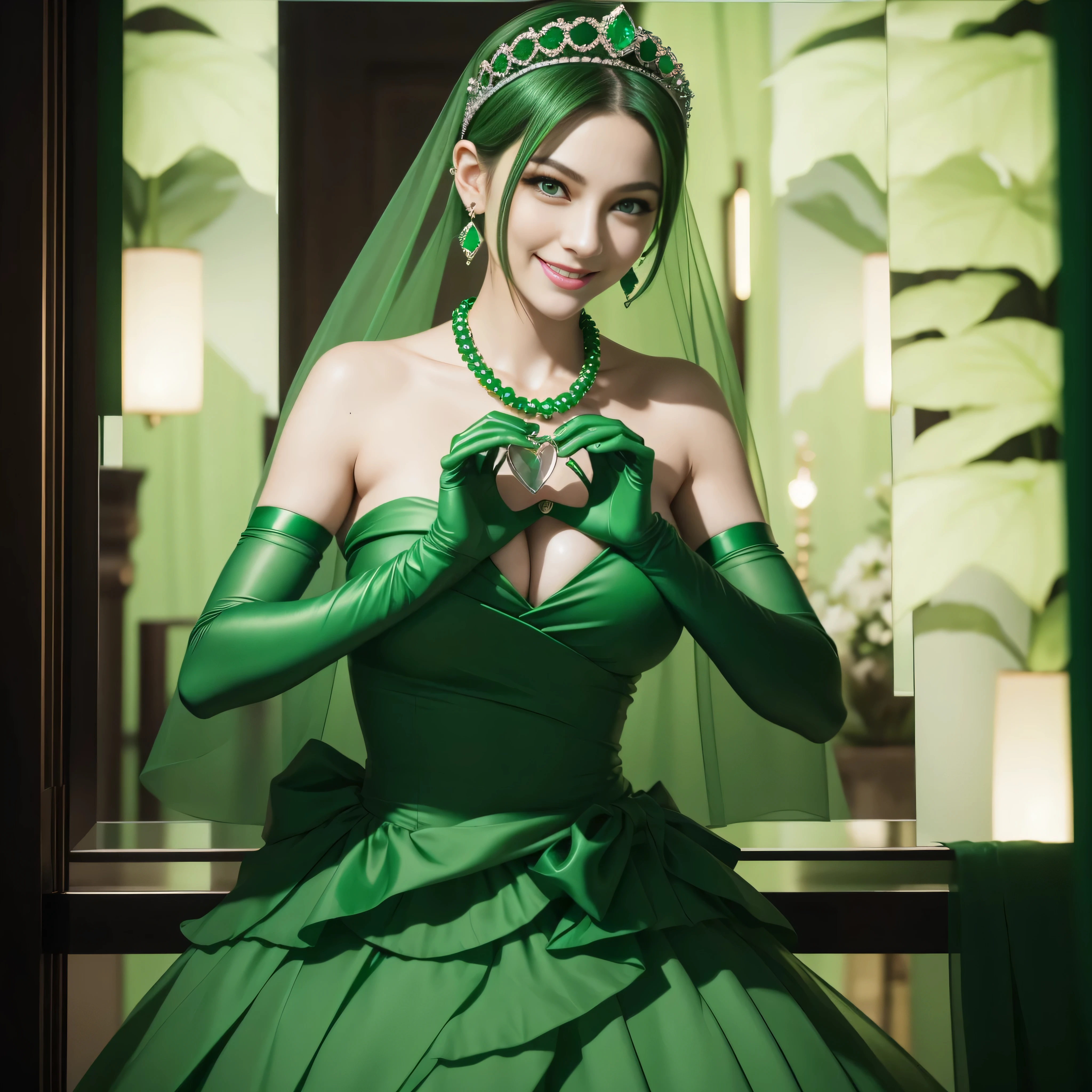 emerald tiara, Green Pearl Necklace, Boyish very short green hair, lipsticks, Japan woman smiling, very short short hair, big breasts beautiful, Green eyes, Long green gloves made of satin material, Green eyes, Emerald Earrings, green vale, 両Heart in the hand, Heart in the hand