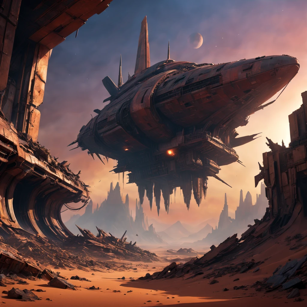 (best quality,4k,highres,ultra-detailed,realistic),ruined,ancient starship wreckage,red planet,mysterious atmosphere,alien technology,desolate landscape,sunset lighting,sci-fi-concept,futuristic aesthetics,metallic fragments,crumbling structures,dust and sand blowing,harsh environment,ancient ruins,distant mountains,cyberpunk influenece,alien artifacts,extraterrestrial heritage,curved hulls,imposing shadows,unearthly colors,engine remnants,massive turbines,spacefaring civilization remnants,haunting beauty,lost civilization traces,unexplored secrets,remote location,sci-fi exploration,vivid colors,unimaginable scale