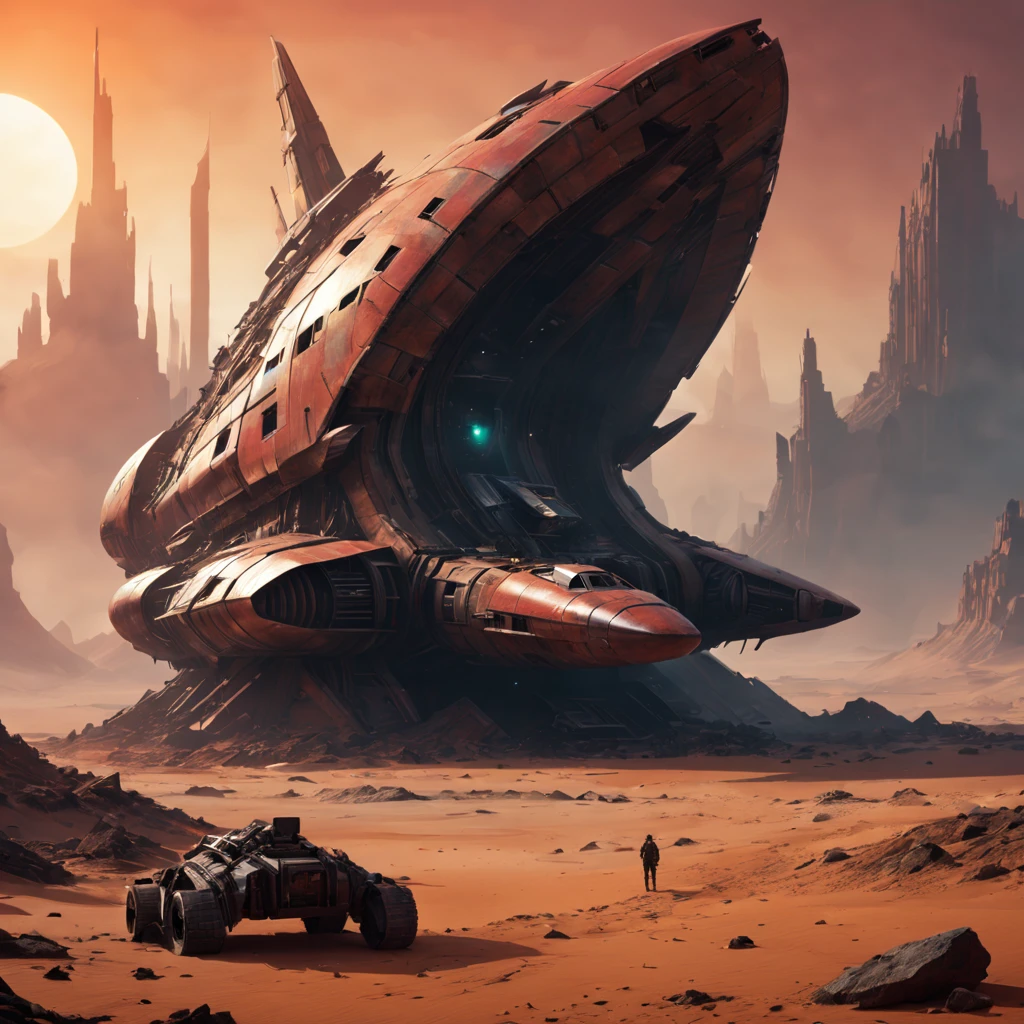 (best quality,4k,highres,ultra-detailed,realistic),ruined,ancient starship wreckage,red planet,mysterious atmosphere,alien technology,desolate landscape,sunset lighting,sci-fi-concept,futuristic aesthetics,metallic fragments,crumbling structures,dust and sand blowing,harsh environment,ancient ruins,distant mountains,cyberpunk influenece,alien artifacts,extraterrestrial heritage,curved hulls,imposing shadows,unearthly colors,engine remnants,massive turbines,spacefaring civilization remnants,haunting beauty,lost civilization traces,unexplored secrets,remote location,sci-fi exploration,vivid colors,unimaginable scale