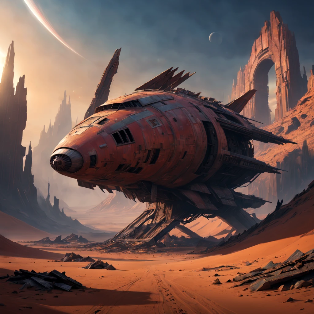 (best quality,4k,highres,ultra-detailed,realistic),ruined,ancient starship wreckage,red planet,mysterious atmosphere,alien technology,desolate landscape,sunset lighting,sci-fi-concept,futuristic aesthetics,metallic fragments,crumbling structures,dust and sand blowing,harsh environment,ancient ruins,distant mountains,cyberpunk influenece,alien artifacts,extraterrestrial heritage,curved hulls,imposing shadows,unearthly colors,engine remnants,massive turbines,spacefaring civilization remnants,haunting beauty,lost civilization traces,unexplored secrets,remote location,sci-fi exploration,vivid colors,unimaginable scale
