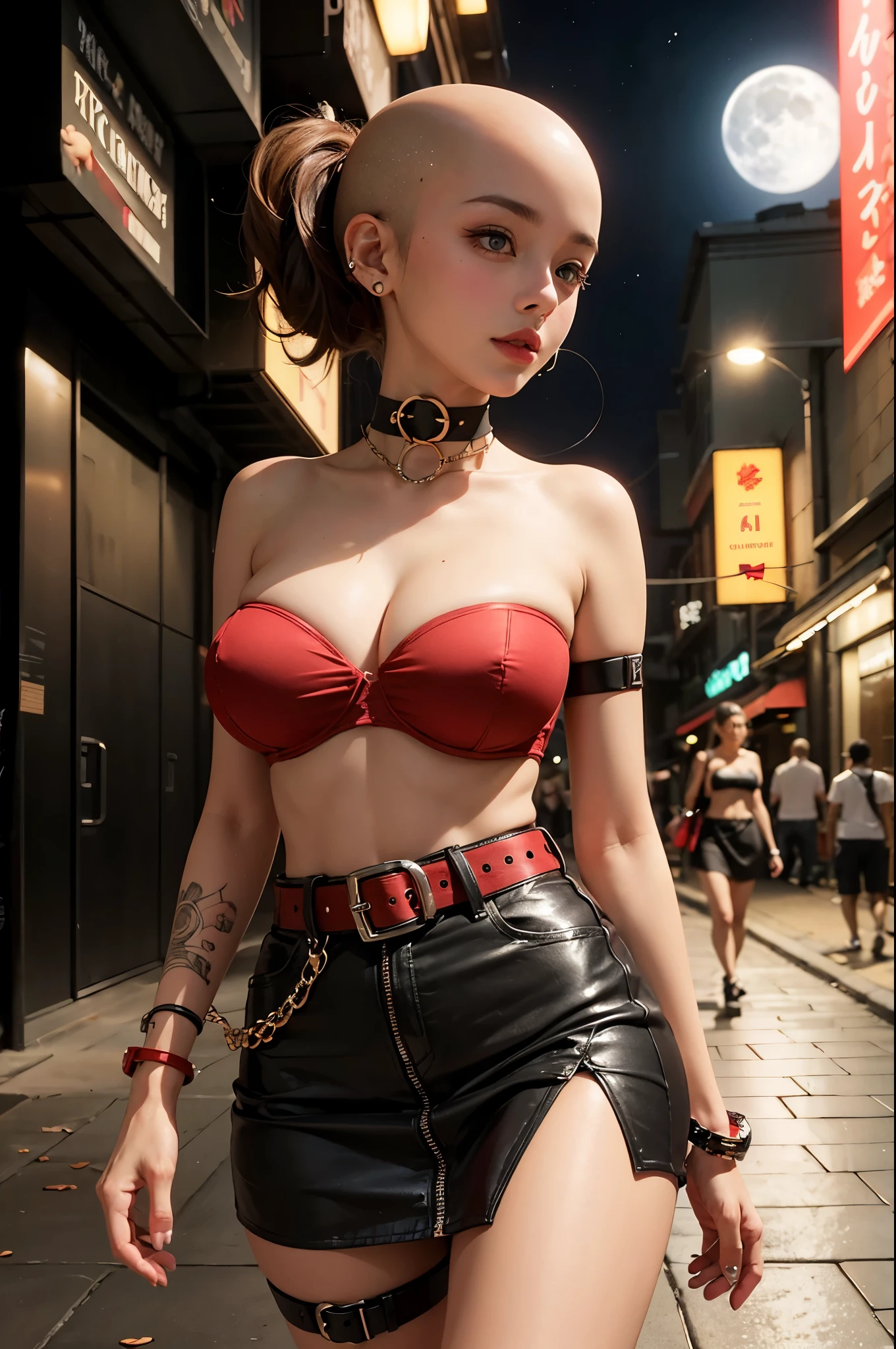 (beautifull indonesian (half side bald half side medium hair) with very large saggy tits), (short shirt), (belt neck chocker), (piercing), (red strapless bra), (sexy mini skirt),  (very large saggy breast:1,9), walking on the street, night time background, beautifull moon, streetwalk background, (raytracing), pretty face, beautifull face, beautifull nose, beautifull eyes, sexy lips, perfect hands, perfect fingers, perfect legs, perfect foot, (1 hand only have 4 fingers and 1 thumb)