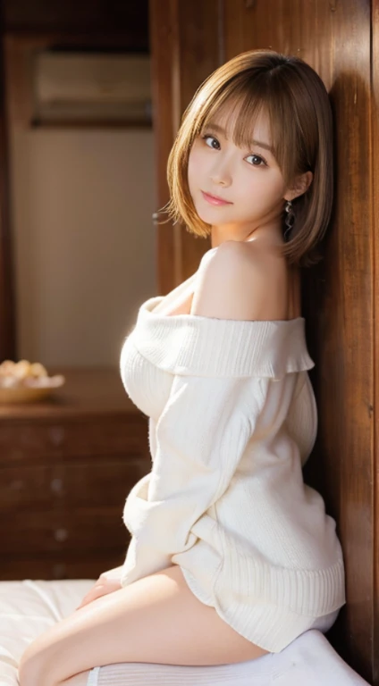 masterpiece、1 girl per 1 photo、Hotel bedroom、Sleeping in bed、 ( girl、Extremely beautiful face, natural make up)(fair white skin)(sparkly eyes)、bright expression、blushing cheeks、a blond、((White knee-high socks))((I can see the cleavage、White off-shoulder、Long length))shiny lip、Short bob hair、Hair hanging over the ears、光沢のある滑らかなa blondの髪、 asymmetrical bangs、8K分辨率、high detal、detailed hairstyle、A detailed face、beutiful breast、Beautiful valley、thin-waist、big butts、rendering octane、Ultra-realistic、Perfect limbs、perfect anatomia、face lights、Medium full shot from above、(Your butt is sticking out here)