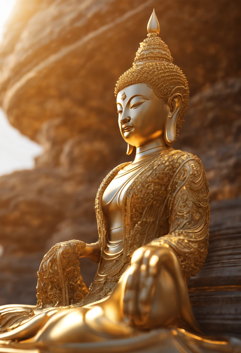 Ultra Hight detailed close up, futuristic render Minimal Fractal Art, Thai Buddha statue & lotus, Unreal Engine 5, 64K, UHD, highly detailed, perfect Golden light