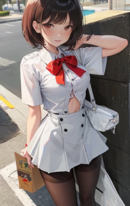 1 rapariga, 独奏, White polo shirt, White sneakers,
, white mini-skirt, (shiny skins, perspired:1.4), looking at viewert, with short black hair, A high resolution,(Bigchest:1.6),(Thigh thick:1.0),luring,sky sky,ultra - detailed,tmasterpiece,Best quality at best,blush blush,Yazawa Nico,red eyes, face flushed,Blunt hair,On the ground, chubbiness,ssmile,both hands on hip,Frontal viereet,Flower headdreslack suspender tights