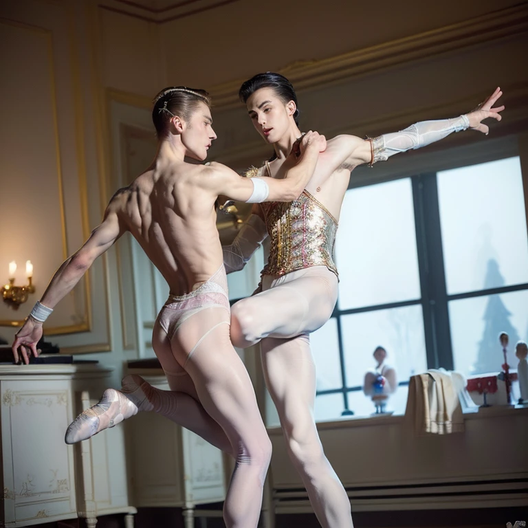 (masterpiece, photo, 2 male ballet dancers, nutcracker ballet, prince kills rat king, ballet tights, male crotch bulge, buttocks:1.5)