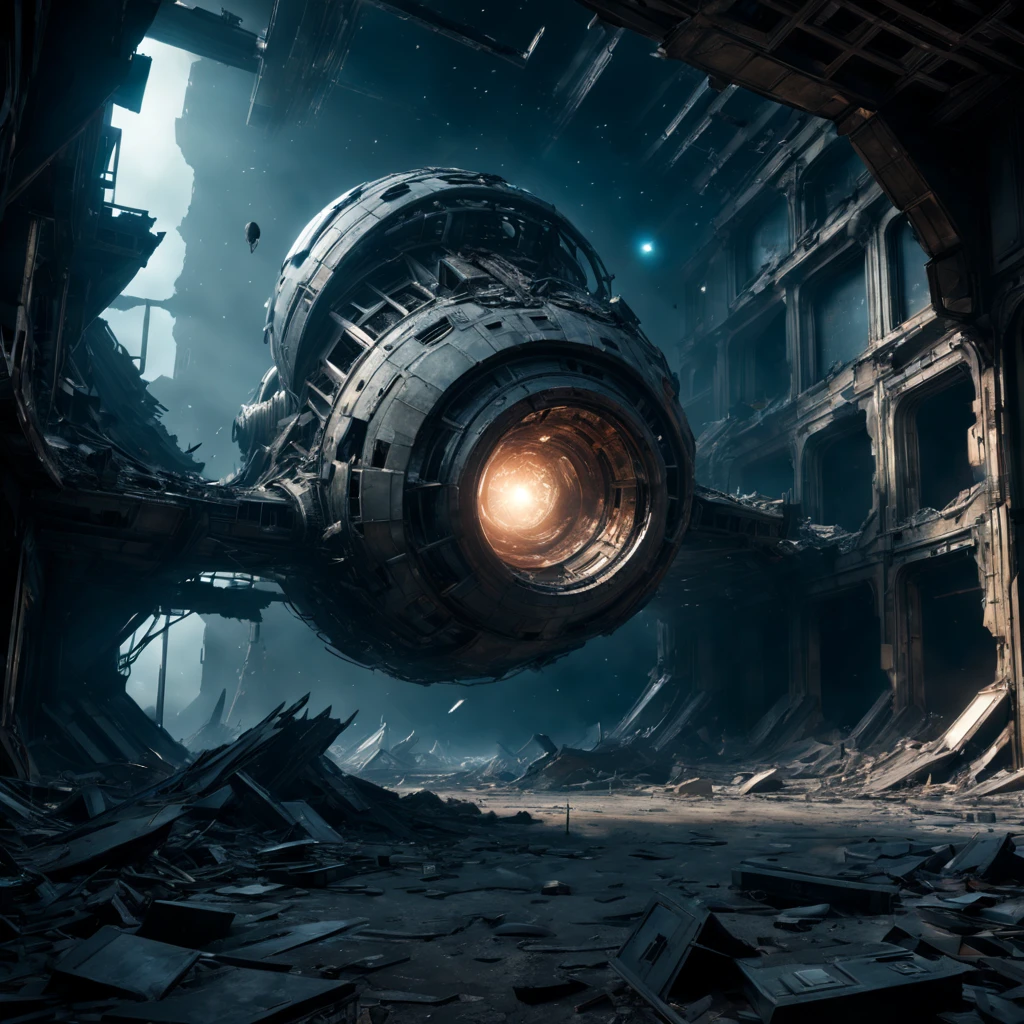 (best quality,4k,highres),(ultra-detailed,realistic:1.37),(sci-fi),(HDR,UHD,studio lighting),(dark and mysterious ambiance,bluish tint),(ancient,otherworldly),(gigantic wreckage),(floating in space),(highly damaged),(metal debris),(large and imposinysterious aura),(advanced alien technology),(glowing symbols),(interstellar travel),(silent and eerie),(space exploration),(unearthly atmosphere),(void of stars),(twisted and distorted structure),(shattered windows),(long corridoruturistic architecture),(fading colors),(deserted and abandoned),(engraved enigmaquisite craftsmanship),(timeless)(end)